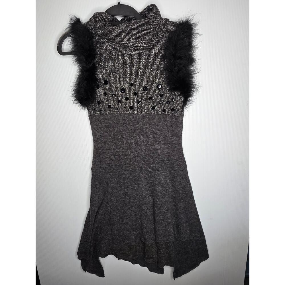 Farinelli Size S Gray Sleeveless Knit Dress Cowl Neck Sequin Faux Feather Trim